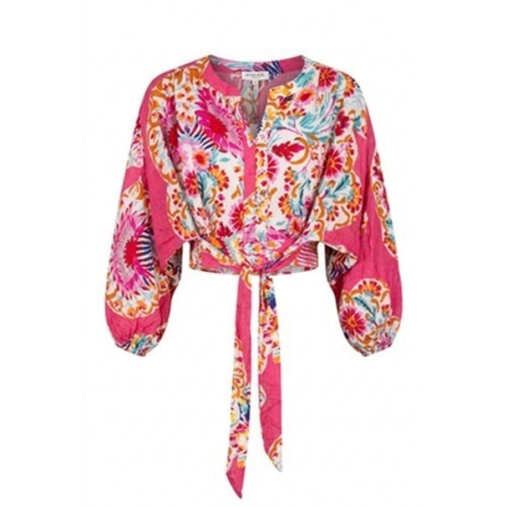 Rachel Zoe Crop Top Women M Pink Floral Balloon Sleeve Tie Boho Romantic Maximal